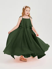 Long Chiffon Junior Bridesmaid Dresses Bowknot Spaghetti Straps Olive Green