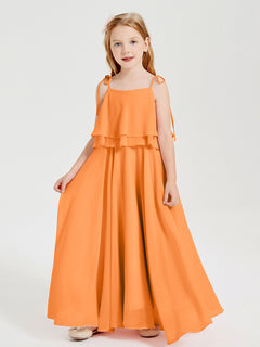 Long Chiffon Junior Bridesmaid Dresses Bowknot Spaghetti Straps Orange