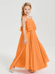 Long Chiffon Junior Bridesmaid Dresses Bowknot Spaghetti Straps Orange