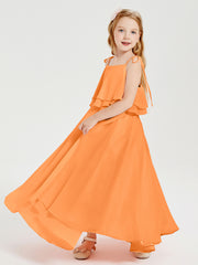 Long Chiffon Junior Bridesmaid Dresses Bowknot Spaghetti Straps Orange