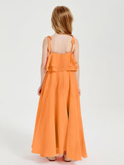 Long Chiffon Junior Bridesmaid Dresses Bowknot Spaghetti Straps Orange