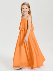 Long Chiffon Junior Bridesmaid Dresses Bowknot Spaghetti Straps Orange