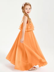 Long Chiffon Junior Bridesmaid Dresses Bowknot Spaghetti Straps Orange