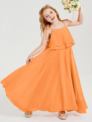Long Chiffon Junior Bridesmaid Dresses Bowknot Spaghetti Straps Orange