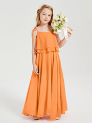 Long Chiffon Junior Bridesmaid Dresses Bowknot Spaghetti Straps Orange