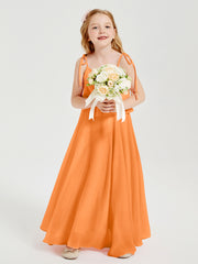 Long Chiffon Junior Bridesmaid Dresses Bowknot Spaghetti Straps Orange