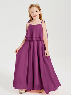 Long Chiffon Junior Bridesmaid Dresses Bowknot Spaghetti Straps Orchid