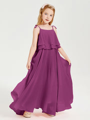 Long Chiffon Junior Bridesmaid Dresses Bowknot Spaghetti Straps Orchid