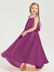 Long Chiffon Junior Bridesmaid Dresses Bowknot Spaghetti Straps Orchid