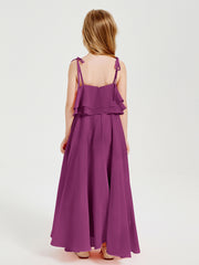 Long Chiffon Junior Bridesmaid Dresses Bowknot Spaghetti Straps Orchid