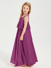 Long Chiffon Junior Bridesmaid Dresses Bowknot Spaghetti Straps Orchid