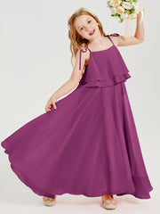 Long Chiffon Junior Bridesmaid Dresses Bowknot Spaghetti Straps Orchid