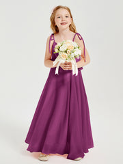 Long Chiffon Junior Bridesmaid Dresses Bowknot Spaghetti Straps Orchid