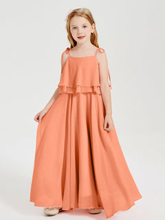 Long Chiffon Junior Bridesmaid Dresses Bowknot Spaghetti Straps Papaya