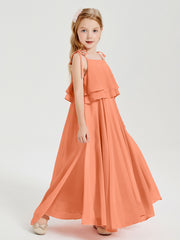 Long Chiffon Junior Bridesmaid Dresses Bowknot Spaghetti Straps Papaya