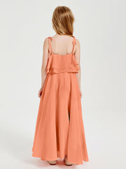 Long Chiffon Junior Bridesmaid Dresses Bowknot Spaghetti Straps Papaya