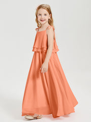 Long Chiffon Junior Bridesmaid Dresses Bowknot Spaghetti Straps Papaya