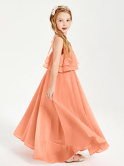 Long Chiffon Junior Bridesmaid Dresses Bowknot Spaghetti Straps Papaya