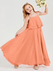 Long Chiffon Junior Bridesmaid Dresses Bowknot Spaghetti Straps Papaya