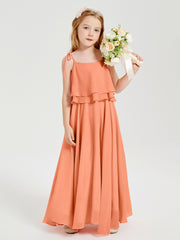 Long Chiffon Junior Bridesmaid Dresses Bowknot Spaghetti Straps Papaya