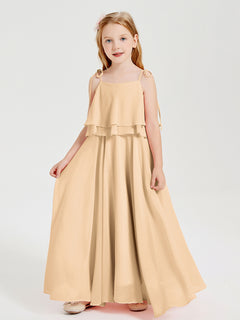 Long Chiffon Junior Bridesmaid Dresses Bowknot Spaghetti Straps Peach