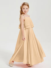 Long Chiffon Junior Bridesmaid Dresses Bowknot Spaghetti Straps Peach