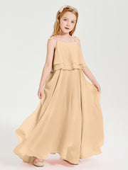 Long Chiffon Junior Bridesmaid Dresses Bowknot Spaghetti Straps Peach
