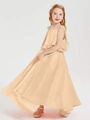 Long Chiffon Junior Bridesmaid Dresses Bowknot Spaghetti Straps Peach