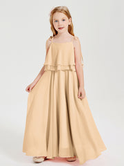 Long Chiffon Junior Bridesmaid Dresses Bowknot Spaghetti Straps Peach