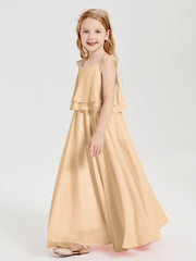 Long Chiffon Junior Bridesmaid Dresses Bowknot Spaghetti Straps Peach