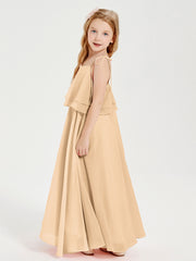 Long Chiffon Junior Bridesmaid Dresses Bowknot Spaghetti Straps Peach