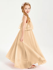 Long Chiffon Junior Bridesmaid Dresses Bowknot Spaghetti Straps Peach