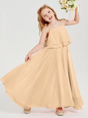 Long Chiffon Junior Bridesmaid Dresses Bowknot Spaghetti Straps Peach
