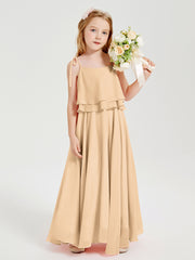 Long Chiffon Junior Bridesmaid Dresses Bowknot Spaghetti Straps Peach
