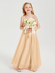 Long Chiffon Junior Bridesmaid Dresses Bowknot Spaghetti Straps Peach