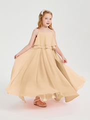 Long Chiffon Junior Bridesmaid Dresses Bowknot Spaghetti Straps Peach