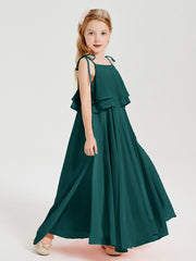 Long Chiffon Junior Bridesmaid Dresses Bowknot Spaghetti Straps Peacock