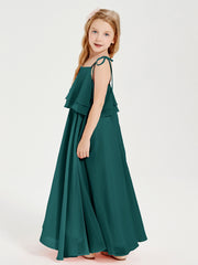 Long Chiffon Junior Bridesmaid Dresses Bowknot Spaghetti Straps Peacock