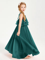 Long Chiffon Junior Bridesmaid Dresses Bowknot Spaghetti Straps Peacock