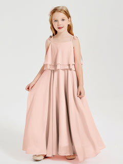 Long Chiffon Junior Bridesmaid Dresses Bowknot Spaghetti Straps Pearl Pink