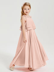 Long Chiffon Junior Bridesmaid Dresses Bowknot Spaghetti Straps Pearl Pink