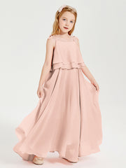 Long Chiffon Junior Bridesmaid Dresses Bowknot Spaghetti Straps Pearl Pink