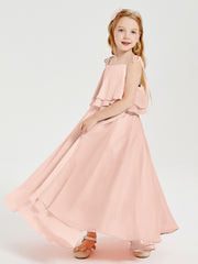 Long Chiffon Junior Bridesmaid Dresses Bowknot Spaghetti Straps Pearl Pink