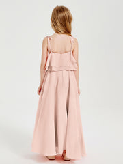 Long Chiffon Junior Bridesmaid Dresses Bowknot Spaghetti Straps Pearl Pink