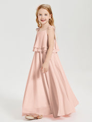Long Chiffon Junior Bridesmaid Dresses Bowknot Spaghetti Straps Pearl Pink