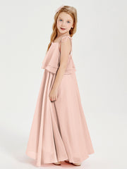 Long Chiffon Junior Bridesmaid Dresses Bowknot Spaghetti Straps Pearl Pink
