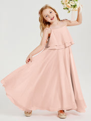 Long Chiffon Junior Bridesmaid Dresses Bowknot Spaghetti Straps Pearl Pink