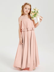 Long Chiffon Junior Bridesmaid Dresses Bowknot Spaghetti Straps Pearl Pink
