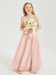 Long Chiffon Junior Bridesmaid Dresses Bowknot Spaghetti Straps Pearl Pink