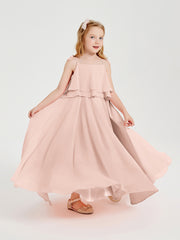 Long Chiffon Junior Bridesmaid Dresses Bowknot Spaghetti Straps Pearl Pink